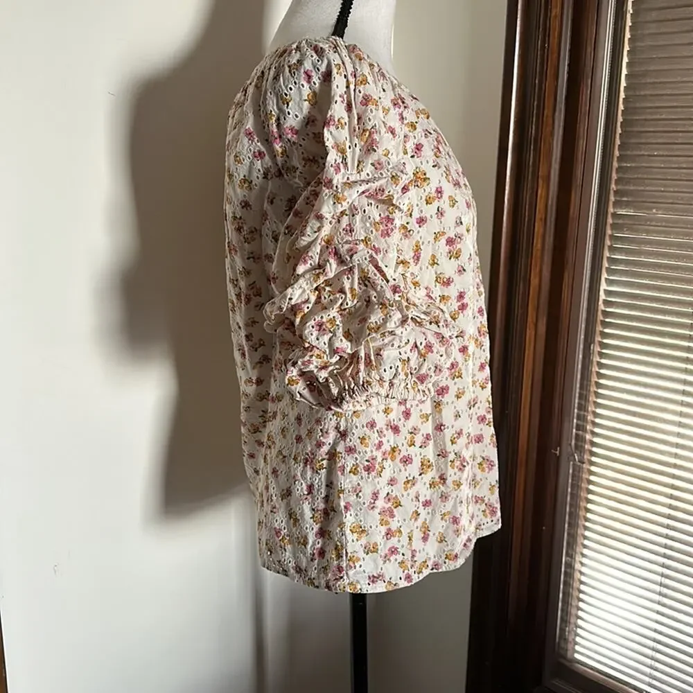 CeCe | Floral Puff/Ruched Sleeve Blouse Size S
